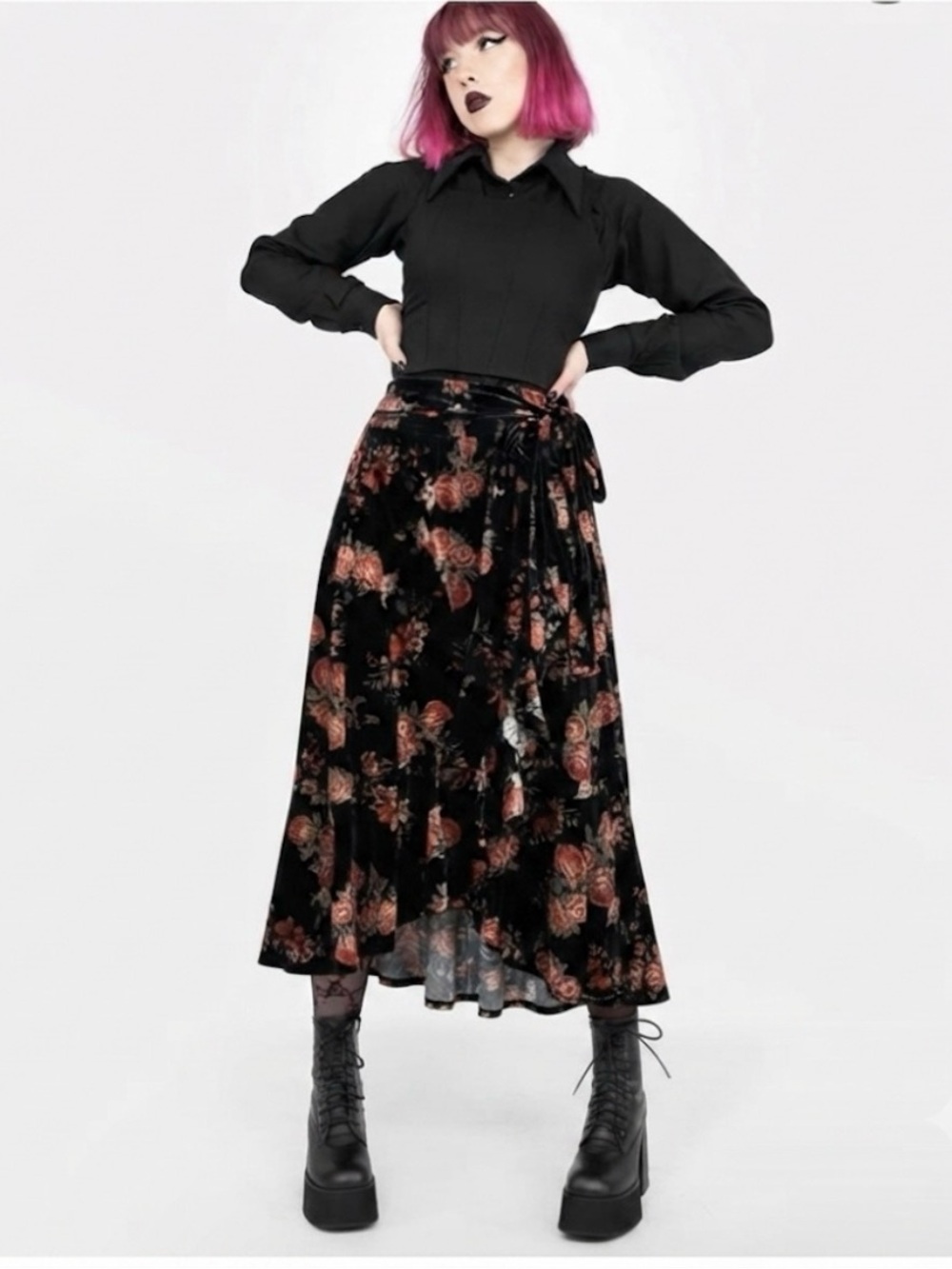 Tiered Crushed Velvet Maxi Midi Skirt XL Dark Floral Whimsigoth